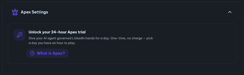 Apex Settings panel under Integrations in LeadShark, with the Unlock 24-hour Apex Trial button.